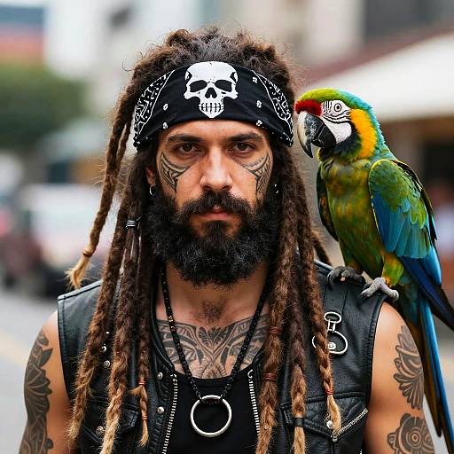 Rugged Man with Parrot in Urban Setting