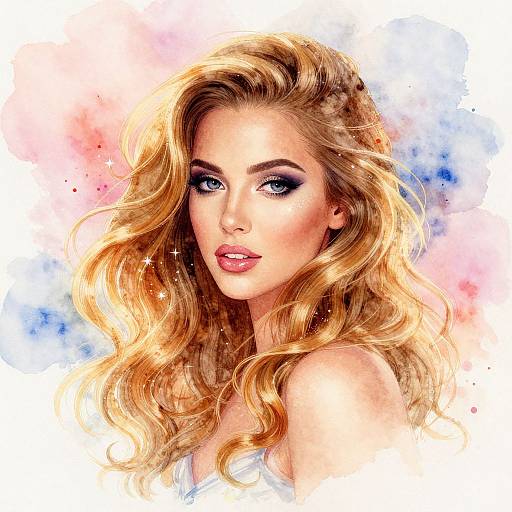 Digital watercolor portrait of a blonde woman with wavy hair, blue eyes, and pink lips, against a colorful abstract background.
