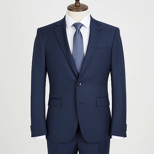 Photograph of a dark blue, single-breasted suit with a white shirt and patterned navy tie, displayed on a wooden mannequin.