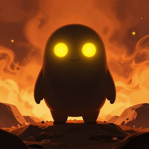 Glowing Cartoon Creature on Fiery Hill