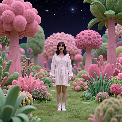 Photograph of an Asian woman with black hair, wearing a white dress and shoes, standing in a surreal, colorful, pink and green floral garden under