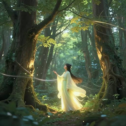 Digital painting of a glowing woman in a white dress, standing in a sunlit forest archway, surrounded by tall trees and dappled light.