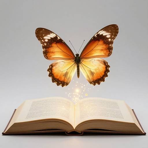 Photograph of a glowing orange butterfly with white spots perched on an open book, emitting sparkling light from its wings.