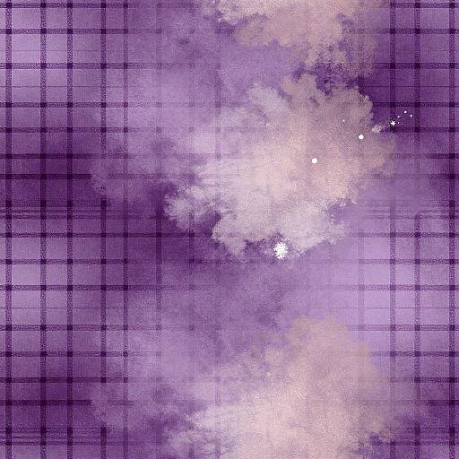 Digital art of a purple plaid background with white, cloud-like, textured light spots scattered across the center.