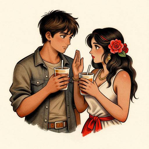 Digital illustration of a cute young couple with brown hair, holding drinks and gazing at each other. She wears a white top, red skirt, and