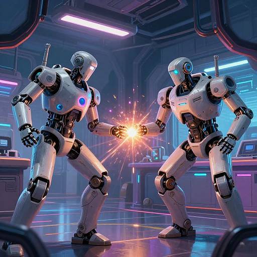 Digital CGI of two white, futuristic robots in a neon-lit lab, exchanging a bright, sparking blow in a dynamic stance.