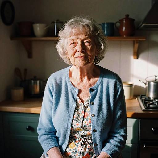 Photograph of an elderly woman with short gray hair, wearing a blue cardigan over a floral dress, standing in a sunlit kitchen with shelves and