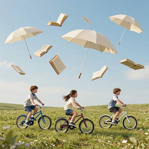 Children Pedaling Through Floating Books