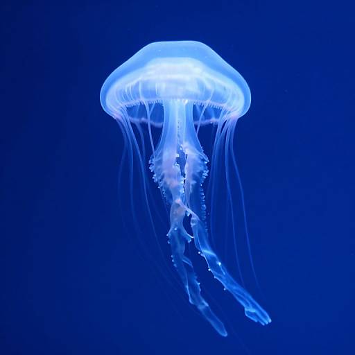 Photograph of a glowing blue jellyfish with translucent, umbrella-shaped bell and long, flowing tentacles against a deep blue background.