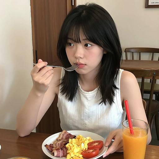 Asian woman eating breakfast at wooden table