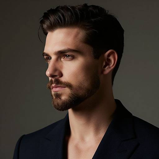 Photograph of a handsome, light-skinned man with dark brown hair, trimmed beard, and serious expression, wearing a black blazer, against a