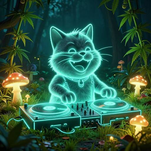 Surreal Cat DJ with Glowing Mushrooms