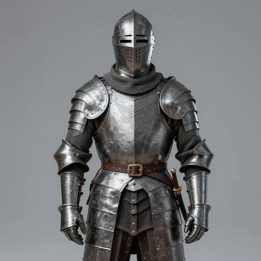 Photograph of a medieval knight in full, shiny silver plate armor with a black mesh hood, brown belt, and plain gray background.