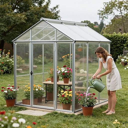 Woman Watering Flowers by Greenhouse