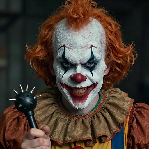 Creepy Clown with Menacing Grin and Spiked Mace