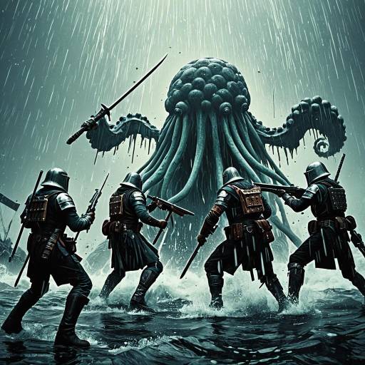 Fantasy Bounty Hunters Battling Giant Squid Creature