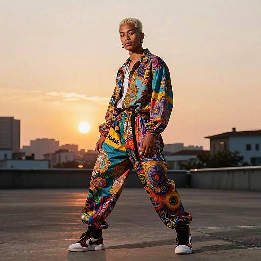 Photograph of a young Black man with short bleached hair, wearing vibrant, psychedelic-patterned jumpsuit and black-and-white sneakers, standing confidently on