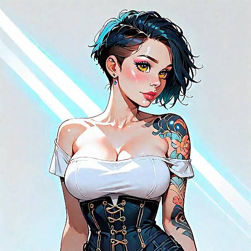 Woman with Pixie Cut and Tattoo Wearing Denim Corset