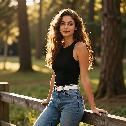 Young Woman Leaning on Wooden Fence in Sunlit Forest