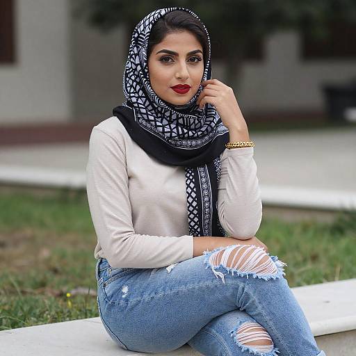 Young Woman in Hijab Sitting Outdoors