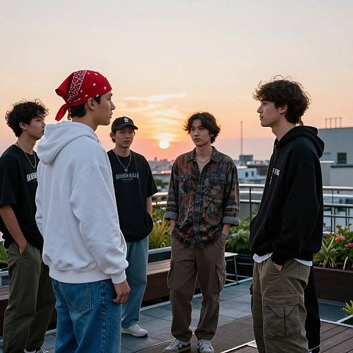 Photograph of five young men standing on a rooftop at sunset, wearing casual attire, including hoodies and a red bandana, with cityscape in