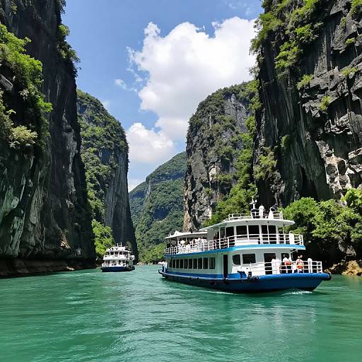 Photograph of two white and blue boats navigating through a narrow, turquoise river flanked by towering, rocky cliffs with lush greenery under a bright blue
