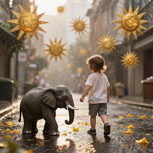 Photograph of a curly-haired toddler in a white shirt and gray shorts walking beside a small elephant in a sunlit, rain-soaked alley adorned with