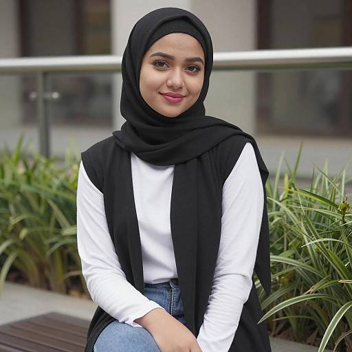 Photograph of a young South Asian woman with medium skin tone, wearing a black hijab, white long-sleeve top, and blue jeans,