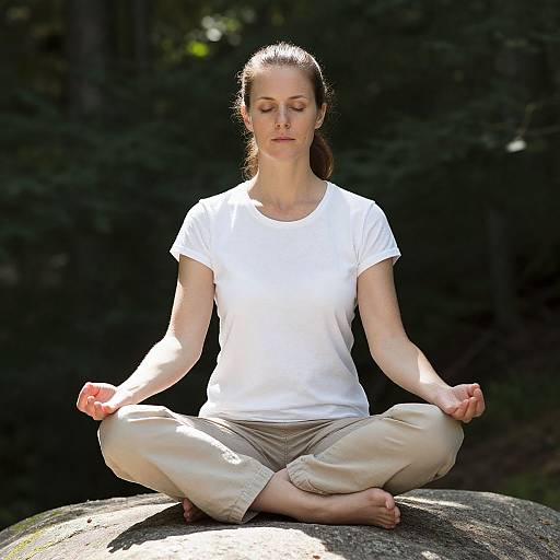 Photograph of a Caucasian woman with light brown hair in a white t-shirt and beige pants, sitting cross-legged in meditation on a rock in a sun