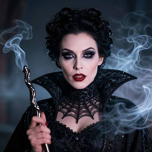 Photograph of a pale, dark-haired woman with red lipstick, black lace dress, web-like collar, holding a smoking staff, in a smoky