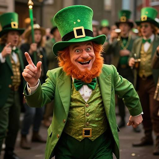 Photograph of a joyous, red-bearded leprechaun in green suit, hat, and bowtie, pointing forward amidst a blurred crowd