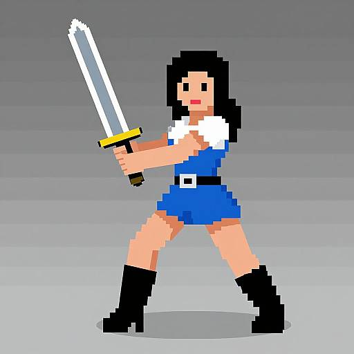Pixel art of a black-haired woman in a blue dress holding a white sword, standing in a gray gradient background.