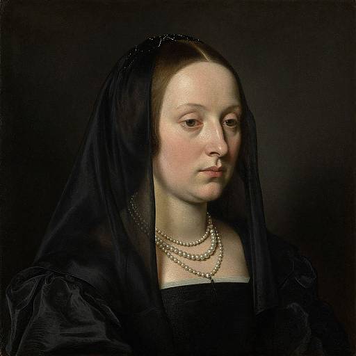 Photorealistic oil painting of a pale-skinned, young woman with a black veil, wearing multiple pearl necklaces and a black dress, against a