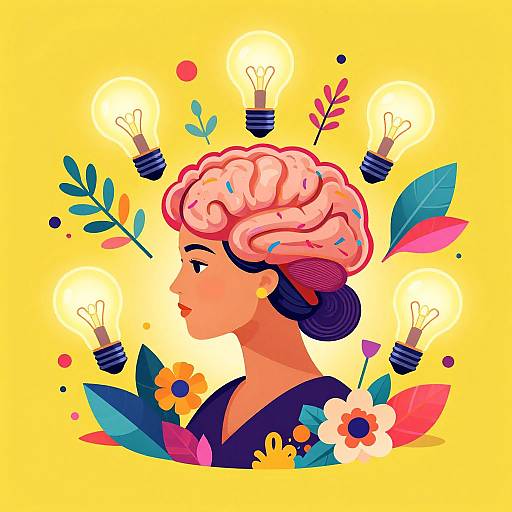 Digital illustration of a woman with a pink brain, surrounded by light bulbs, colorful leaves, and flowers on a yellow background.