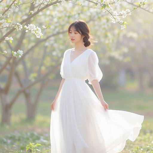 Photograph of an East Asian woman in a flowing white dress standing in a sunlit, blooming orchard, holding the dress's skirt, with