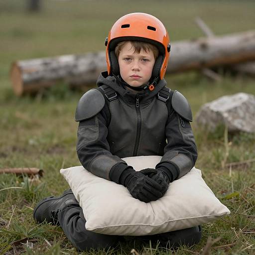 Melancholic Boy on Grassy Field
