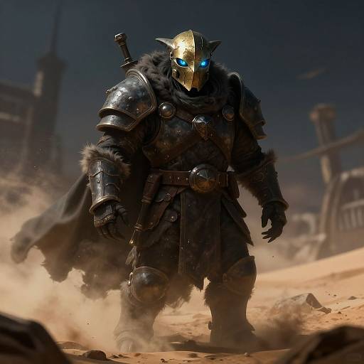 CGI image of a towering, armored warrior with glowing blue eyes and a golden helmet, standing in a dusty, ruined cityscape.