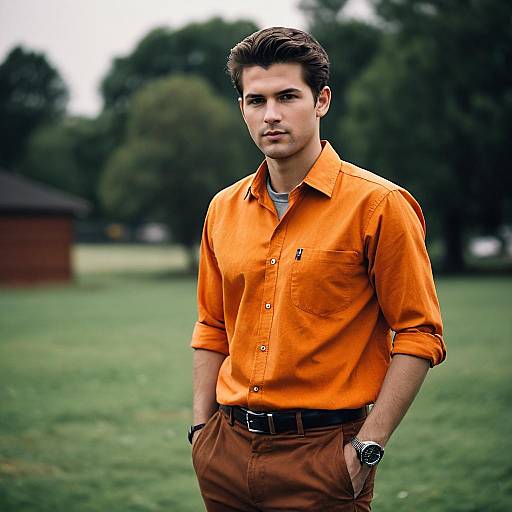 Young Man in Orange Shirt Standing Outdoors