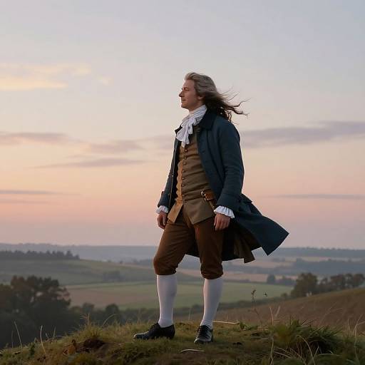 Photograph of a 18th-century man in brown coat, white shirt, and knee-high socks, standing on a grassy hill at sunset,