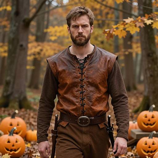 Man in Medieval Leather Costume with Pumpkins in Autumn Forest