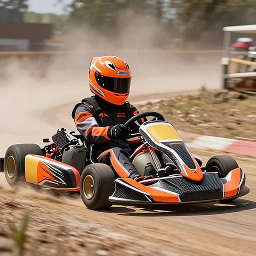 Photograph of a kart racer in an orange and black outfit, helmet, and kart, speeding on a dusty track, with blurred trees and track