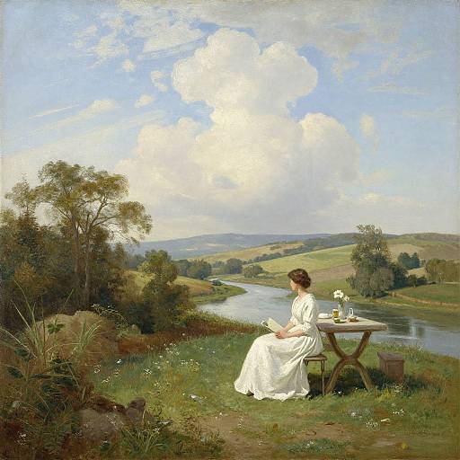 Oil painting of a woman in a white dress, seated by a small table by a river, gazing at a countryside landscape.