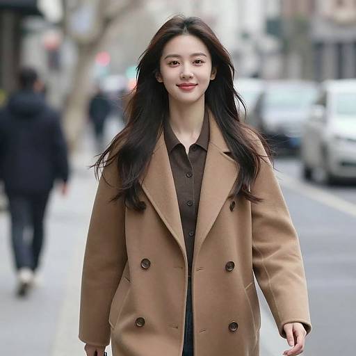 Photograph of an Asian woman with long black hair, wearing a tan double-breasted coat over a brown shirt, walking confidently on a blurred city street