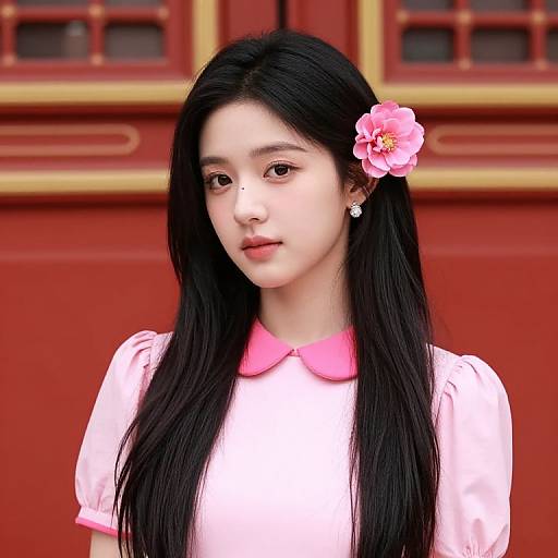 Asian Girl with Pink Dress and Flower