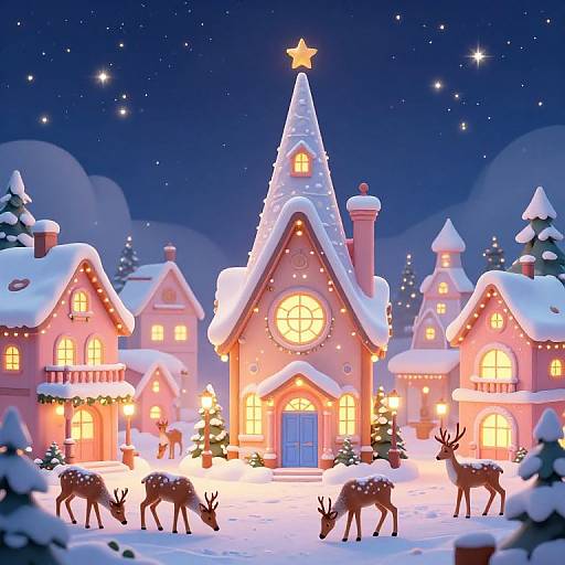 Whimsical digital illustration of a snowy village at night, featuring glowing pink houses with starlit roofs, illuminated windows, and deer grazing in the snow