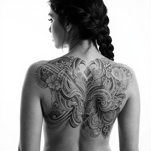 Black-and-white photograph of a woman with braided hair, showcasing an intricate, symmetrical tattoo of swirling floral patterns on her back.
