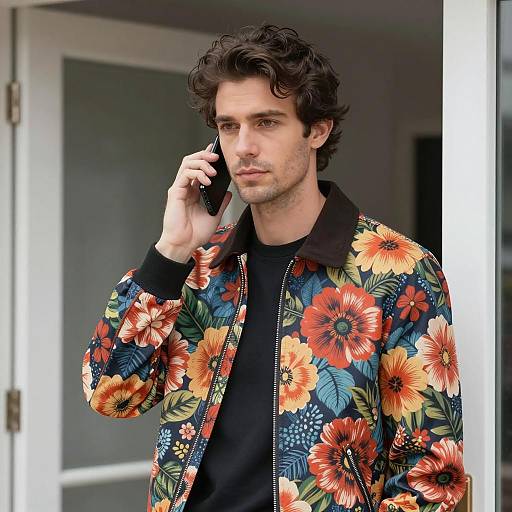 Man in Floral Jacket Talking on Phone