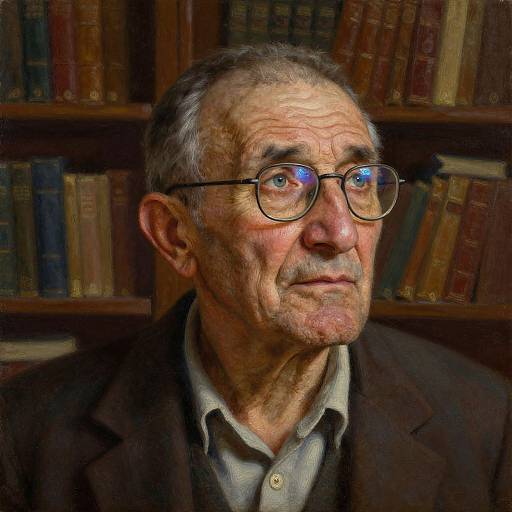 Photorealistic digital portrait of an elderly man with gray hair, glasses, wrinkles, brown suit, gray shirt, and serious expression, standing in front