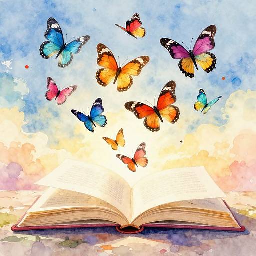 Watercolor illustration of an open book with vibrant butterflies emerging from its pages, set against a cloudy blue and yellow sky.