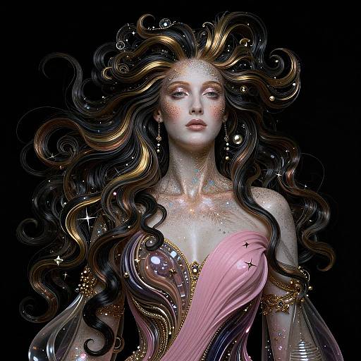 Digital art of a celestial woman with flowing, starry black and gold hair, wearing a pink, star-adorned, off-shoulder dress